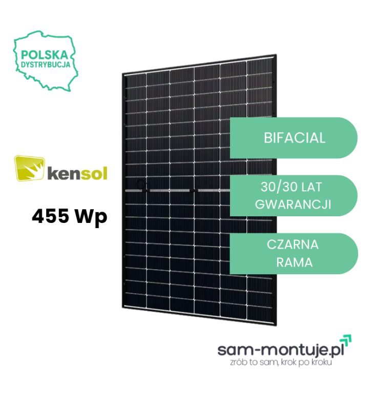 Moduł fotowoltaiczny KENSOL 455W (n-type, bifacial, czarna rama)